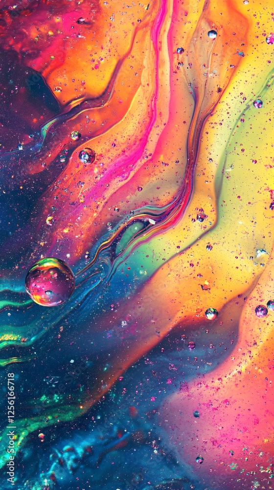 Wall mural a vivid abstract image featuring vibrant swirls of colors with shimmering bubbles, creating a mesmer
