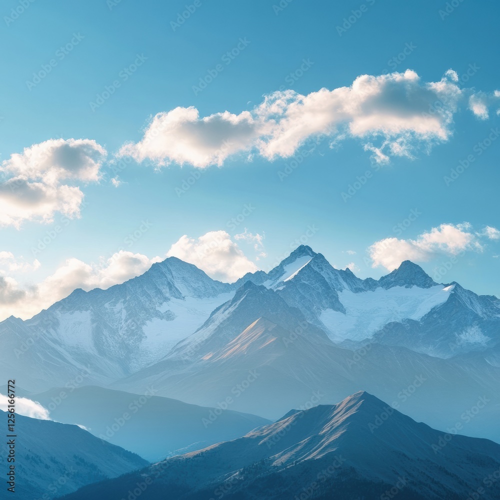 Aufkleber Majestic mountain range under soft clouds in a clear blue sky with empty space for text. Generative AI