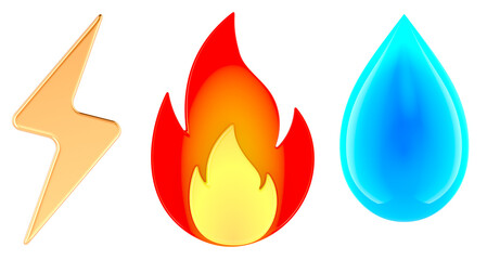 Gas, Electricity and Water icons set. Thunderbolt or lightning, drop water, and fire symbol. 3D rendering isolated on transparent background