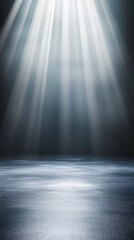 Obraz premium Dramatic light beams illuminate a serene, reflective surface in a mysterious dark setting.