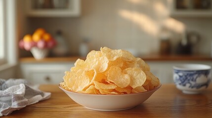 Bowl of potato chips on kitchen table in sunlight.