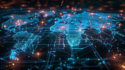 Fototapeta premium A stylized world map with a glowing blue overlay, showcasing interconnected points across continents, symbolizing global internet connections and data transmission