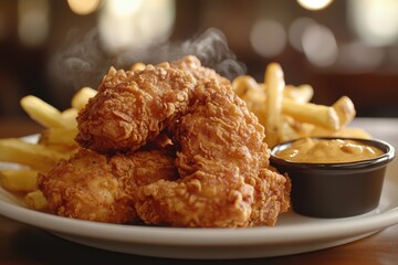Steaming hot crispy fried chicken tenders with french fries and dipping sauce