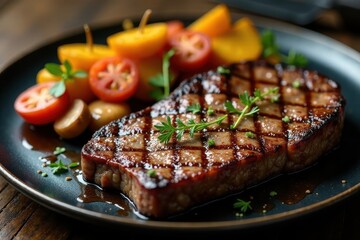 A perfectly grilled steak, seasoned to perfection, rests on a dark plate alongside a medley of roasted vegetables, creating a culinary masterpiece.