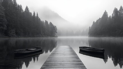 Serene Black and White Landscape with Boats on Dock Surrounded by Misty Trees and Calm Water