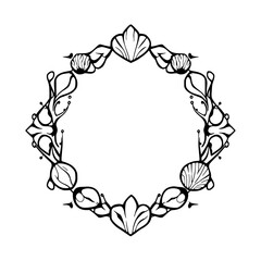 Ornate black and white frame design showcasing organic shapes and floral motifs, a modern graphic artwork.