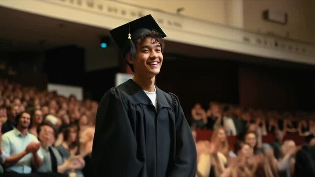 Happy college student walking at his graduation ceremony