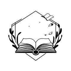 Open book illustration framed by a geometric hexagon, a book and leaves in black and white.