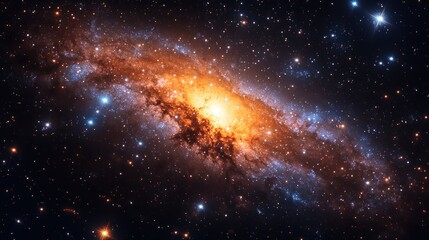 Vibrant spiral galaxy with bright core, surrounded by scattered stars in deep space.