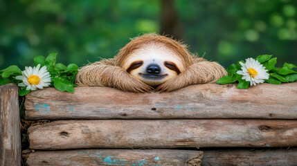 Happy sloth, A sloth peacefully sleeping with a gentle smile, curled up in a serene pose, perfect for relaxation and nature themes.