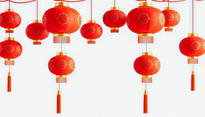 Multiple red lanterns with golden details and tassels hanging on a minimalist white background, symbolizing celebration.