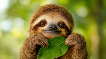 Fototapeta premium Happy sloth, A sloth reaching for a leaf, embodying tranquility and happiness in a high-fidelity image.