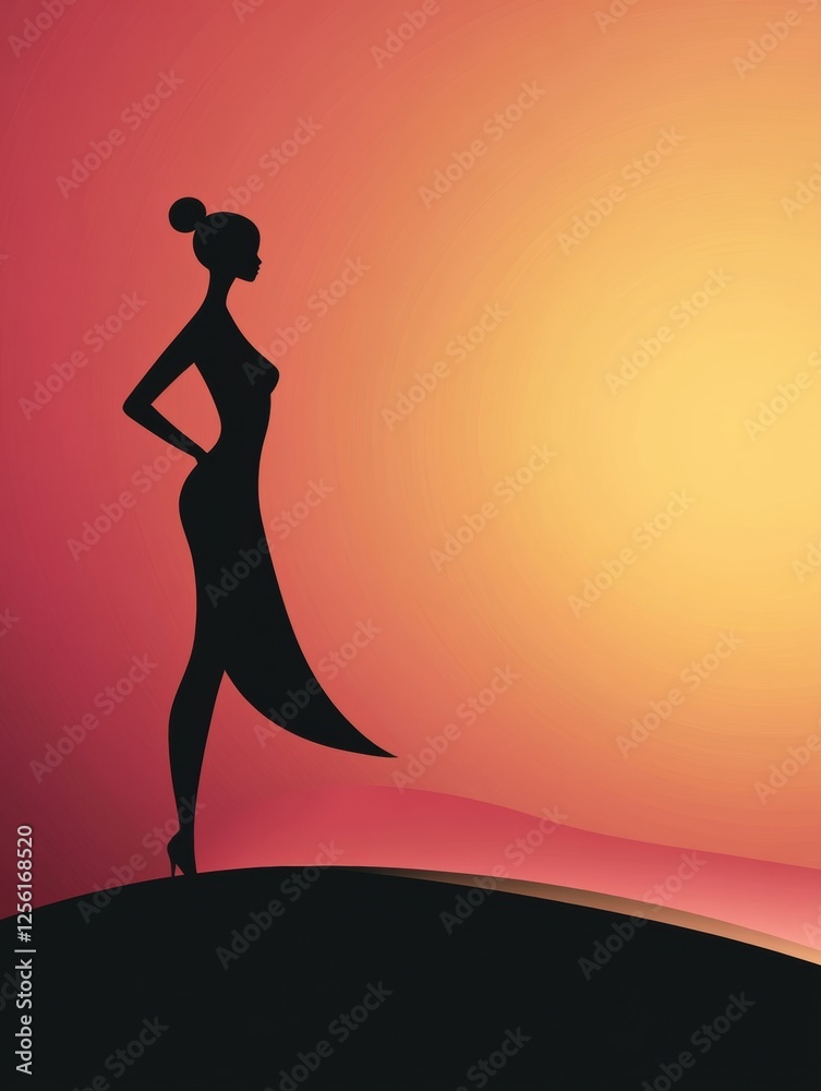 Leinwandbilder Silhouette of a model against a glowing sunset with space for text in a minimalist design. Generative AI