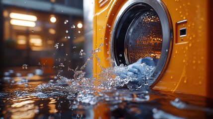 Orange washing machine submerged in water, clothes overflowing.