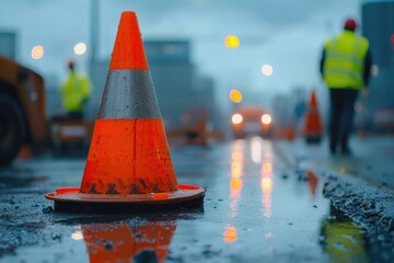Wet Road and Construction Cone at Busy Site