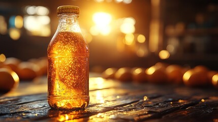 Sparkling orange juice bottle on wooden table at sunset.