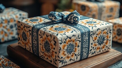 Beautifully wrapped gift box with blue and gold floral pattern on wooden surface.