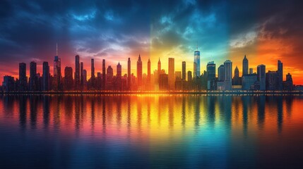 Obraz premium Vibrant sunset skyline reflecting on calm water.