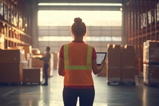 Logistics manager using digital tablet supervising inventory in warehouse