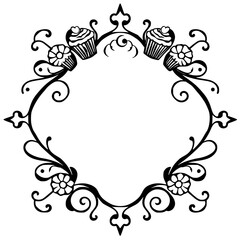 Ornamental, detailed, black-and-white circular frame with cupcakes and flowers, white background.