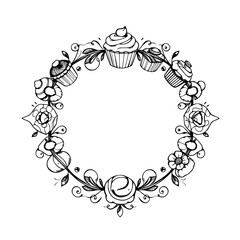 Elegant Cupcake & Floral Wreath: A Whimsical Black-and-White Illustration