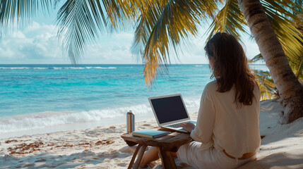 Fototapeta premium Remote Work at the Beach: Productive Paradise with Palm Trees