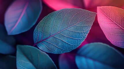 Vibrant blue and pink leaves close-up, dark background, nature detail, website banner