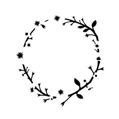 Black and White Sakura Floral Wreath: Minimalist Illustration of Blooming Cherry Blossom Branches
