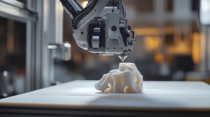 Fototapeta premium A 3D printer is creating a vase with a spiral pattern, precisely depositing material layer by layer. The advanced technology showcases its potential for custom designs and manufacturing.