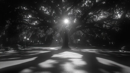 Sunlit oak tree casts long shadows on a park path at dawn.