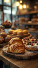 Delicious croissants and pastries displayed on wooden trays in cozy bakery