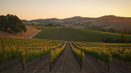 Fototapeta premium Serene Vineyard Landscape under Golden Sunset in Mountain Region