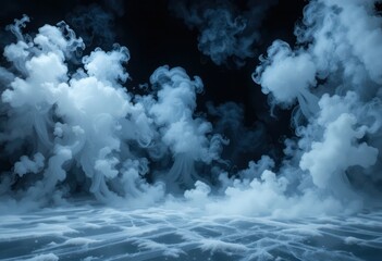 Dry ice smoke clouds fog floor texture. Perfect spotlight mist effect on isolated black background.