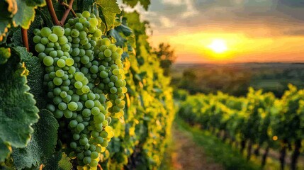 Naklejka premium Sunset over vineyard with ripe green grapes on vine.