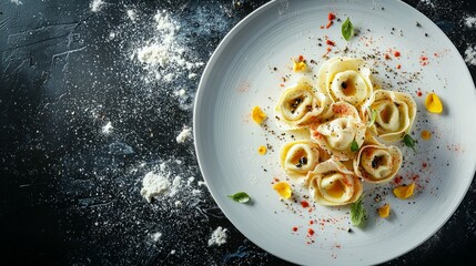 Elegant Pasta Dish with Fresh Herbs and Colorful Garnish on Plate