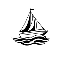 Black and white sailboat sailing through the water, featuring waves and a flag.