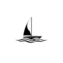 Elegant monochrome illustration of a sailboat sailing on waves, minimalist design.