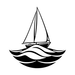 Silhouette of a sailboat on wavy water. Black and white minimalist nautical design.