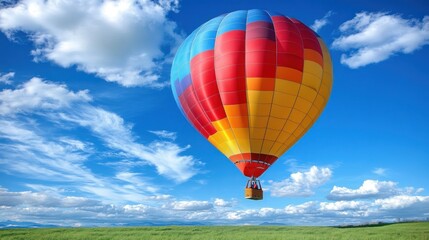Naklejka premium Colorful hot air balloon soaring over a vibrant green field under a bright blue sky with fluffy white clouds.