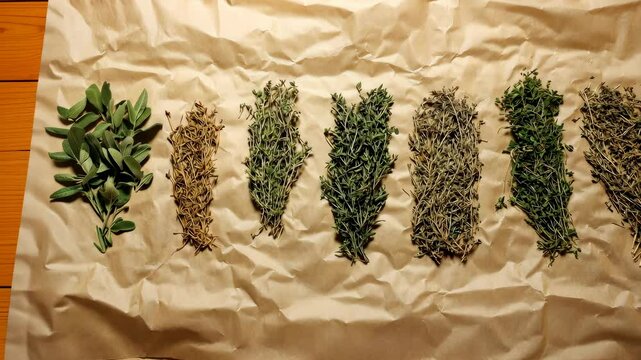 Various dried and fresh herbs, such as thyme, oregano, and sage, laid out on paper.