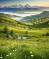 Obraz premium Mountain landscape with a lake and green hills under a blue sky