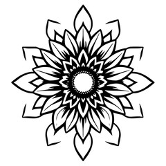 Mandala-style sunflower, black and white with clean lines, radiating petals.