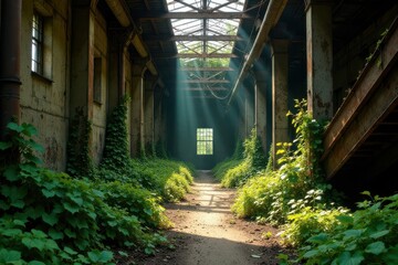 Obraz premium Sunbeams Illuminate Overgrown Industrial Ruins A Pathway Through Time and Nature's Reclaiming Touch