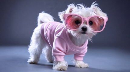 Fashionable small dog wearing pink sweater and sunglasses posing playfully against a gray background