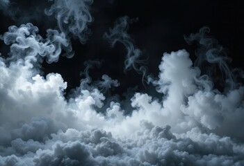Dry ice smoke clouds fog floor texture. Perfect spotlight mist effect on isolated black background.