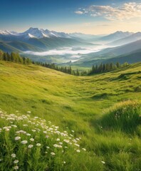 Obraz premium Mountain landscape with a lake and green hills under a blue sky