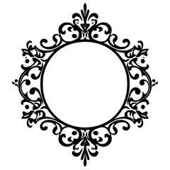 Black ink on white background, the image of a detailed baroque frame, round and oval, with a black line art style.