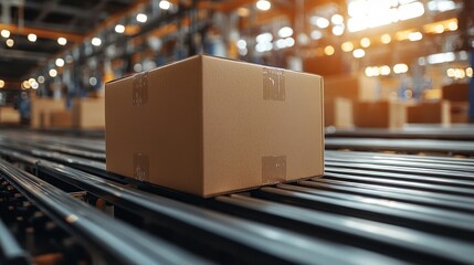 Cardboard box on conveyor belt in factory.