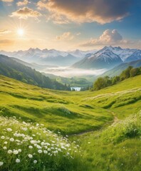 Fototapeta premium Mountain landscape with a lake and green hills under a blue sky
