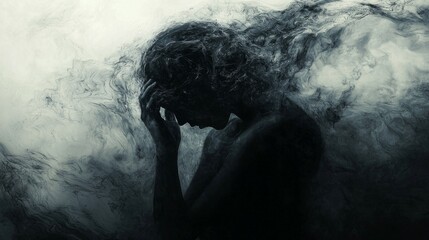 Ethereal Woman Surrounded by Swirling Dark Smoke and Shadows